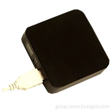 Dual-USB port power bank, measures 76*76*21mm